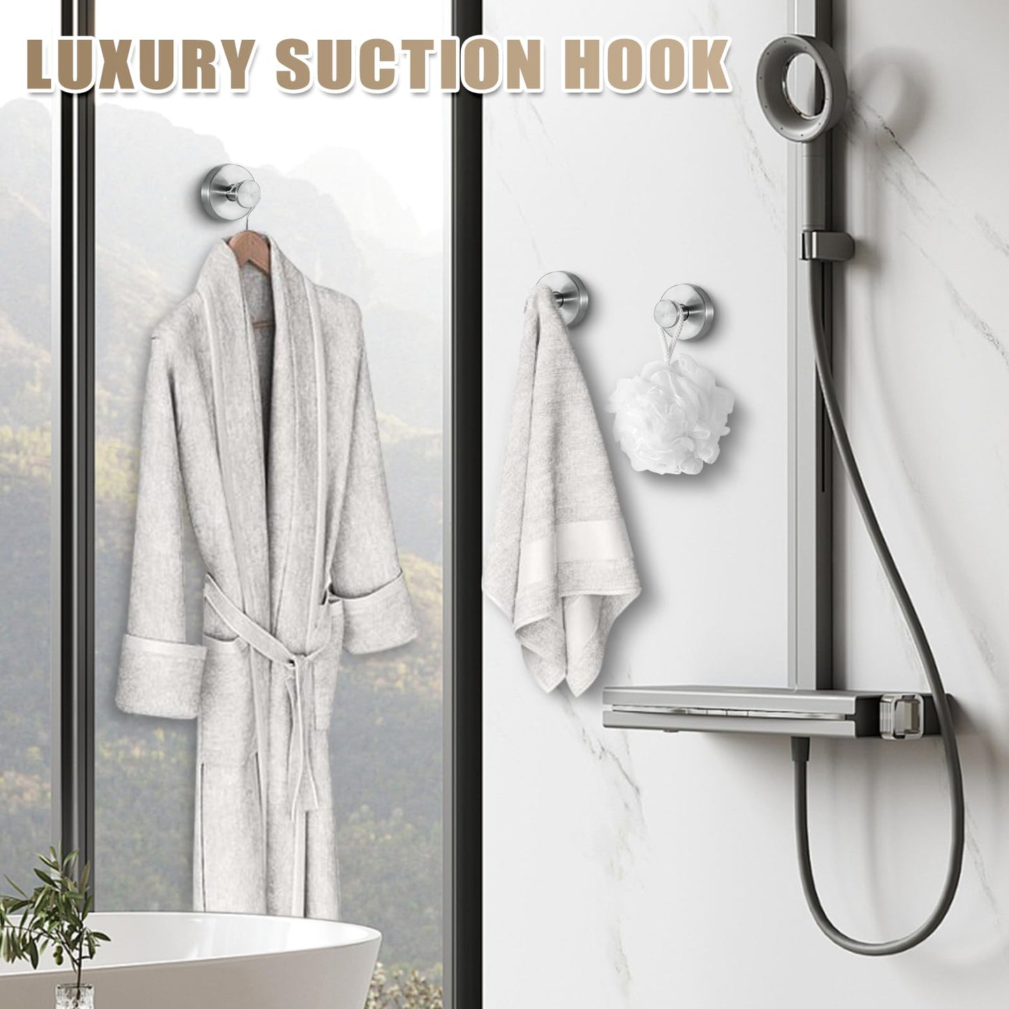 Fenas Suction Cup Hooks for Shower No-Drill Bathroom Hooks for Towels, Robes, Loofah Mountable on Bathroom Walls, Kitchen, Glass, Mirrors, Tile and Smooth,Non-Porous Surfaces (2, Brushed Nickel)