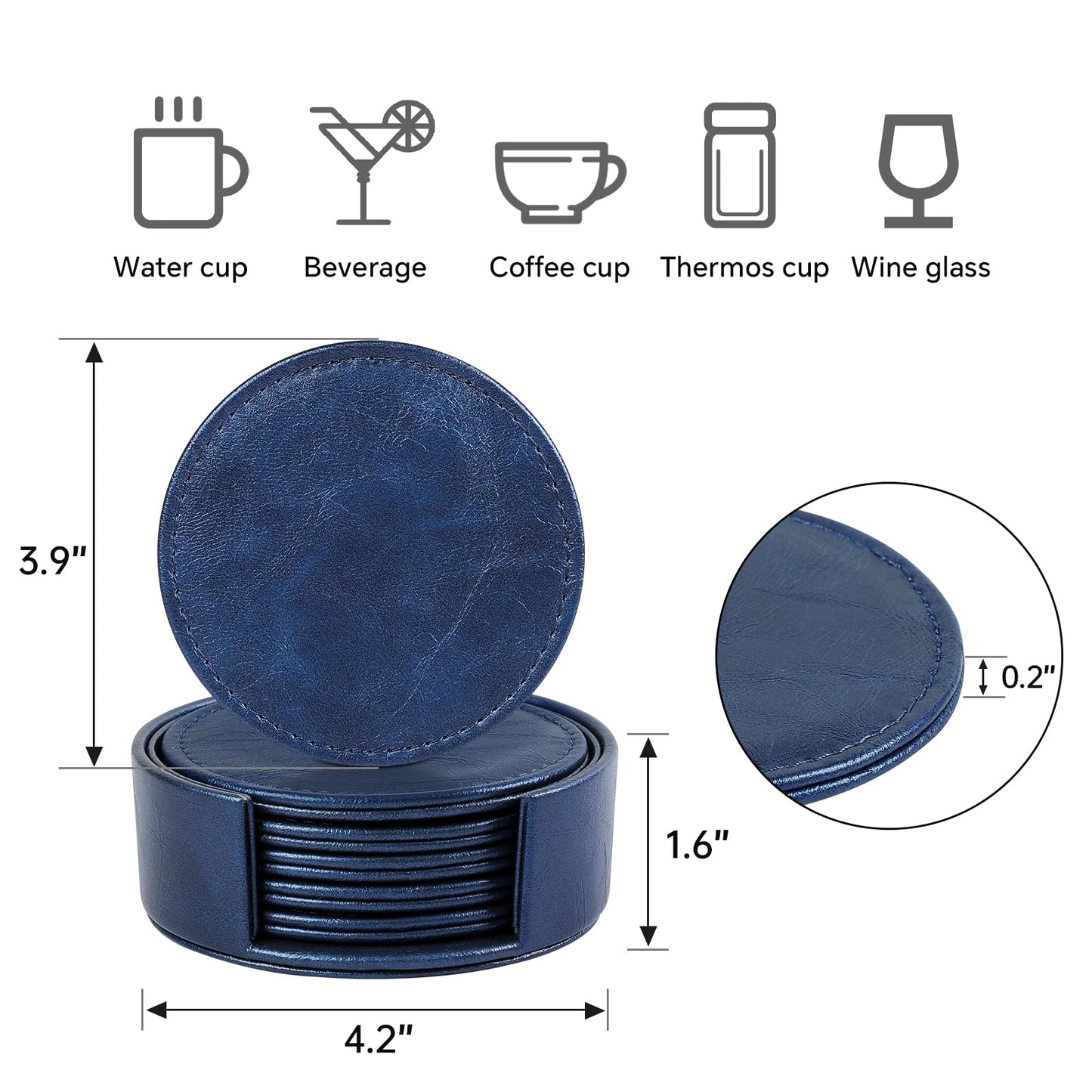 Leather Coasters Set of 6 with Holder, Tabletop Protection, Coffee Table & Bar Decoration, Modern-Style Drink Coasters Suitable for Home Dining Tables & Kitchen Accessories (Blue)