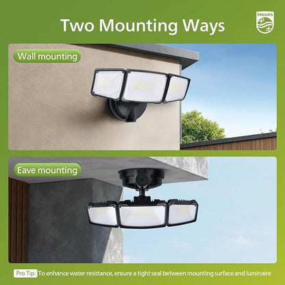 Philips 72W 7400LM LED Flood Lights Outdoor, Switch Controlled Aluminum Security Lights, 3 Adjustable Heads, Wall Mount, 5000K Daylight, Waterproof for Yard, Garage
