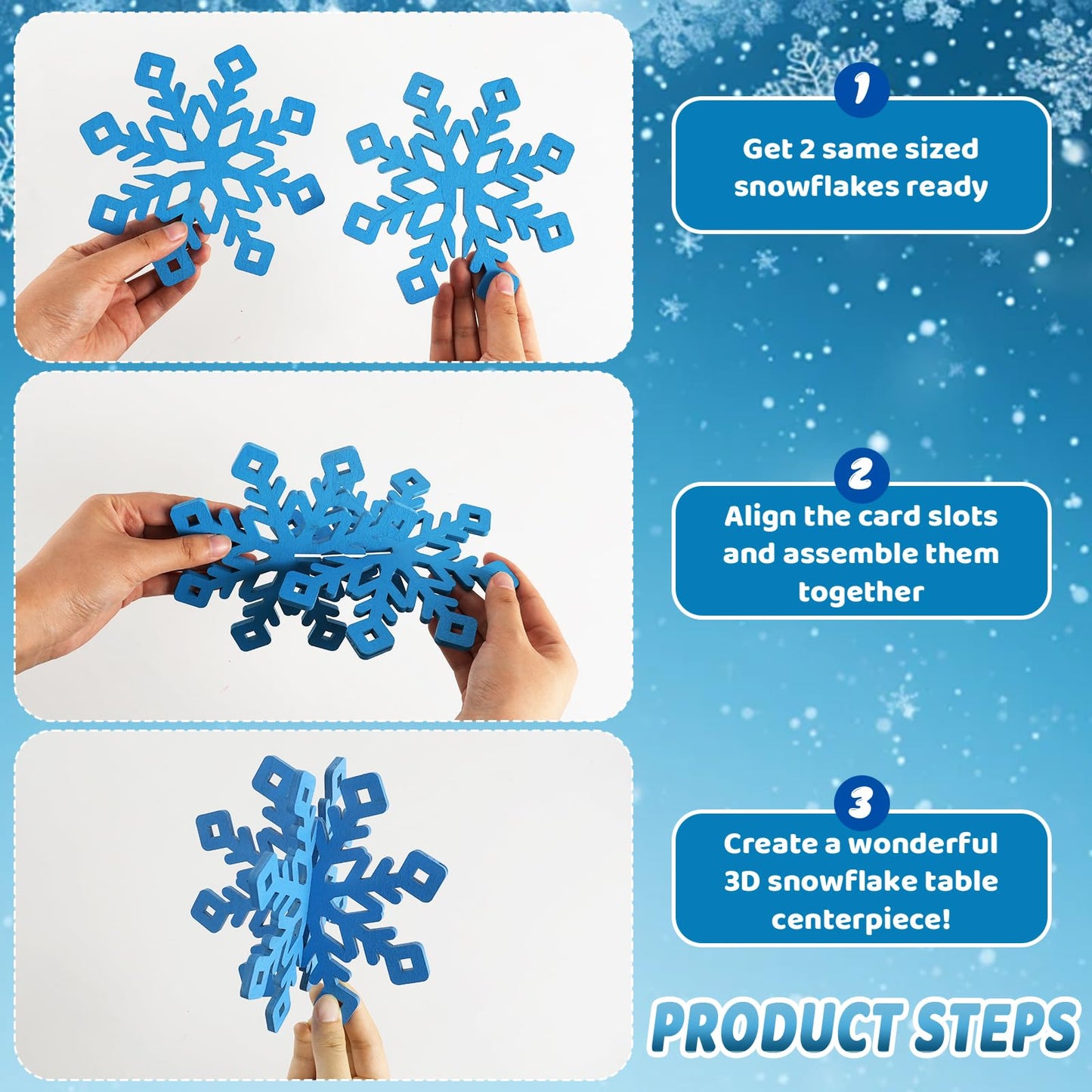 OuMuaMua 6 Sets Snowflake Christmas Table Decorations - 12pcs Blue Fuchsia Purple Sliver Wooden 3D Snowflake Decor Tabletop Centerpieces for Christmas Winter Wonderland Party Supplies Home