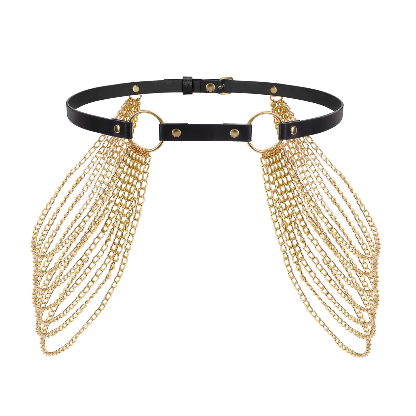 JASGOOD Punk Waist Chain Belt Black Leather Layered Belly Body Waist Chains Nightclub Rave Body Chain Belt for Women Girls (Black with Gold Chain,Fits Pants Size up to 25-32 inch)
