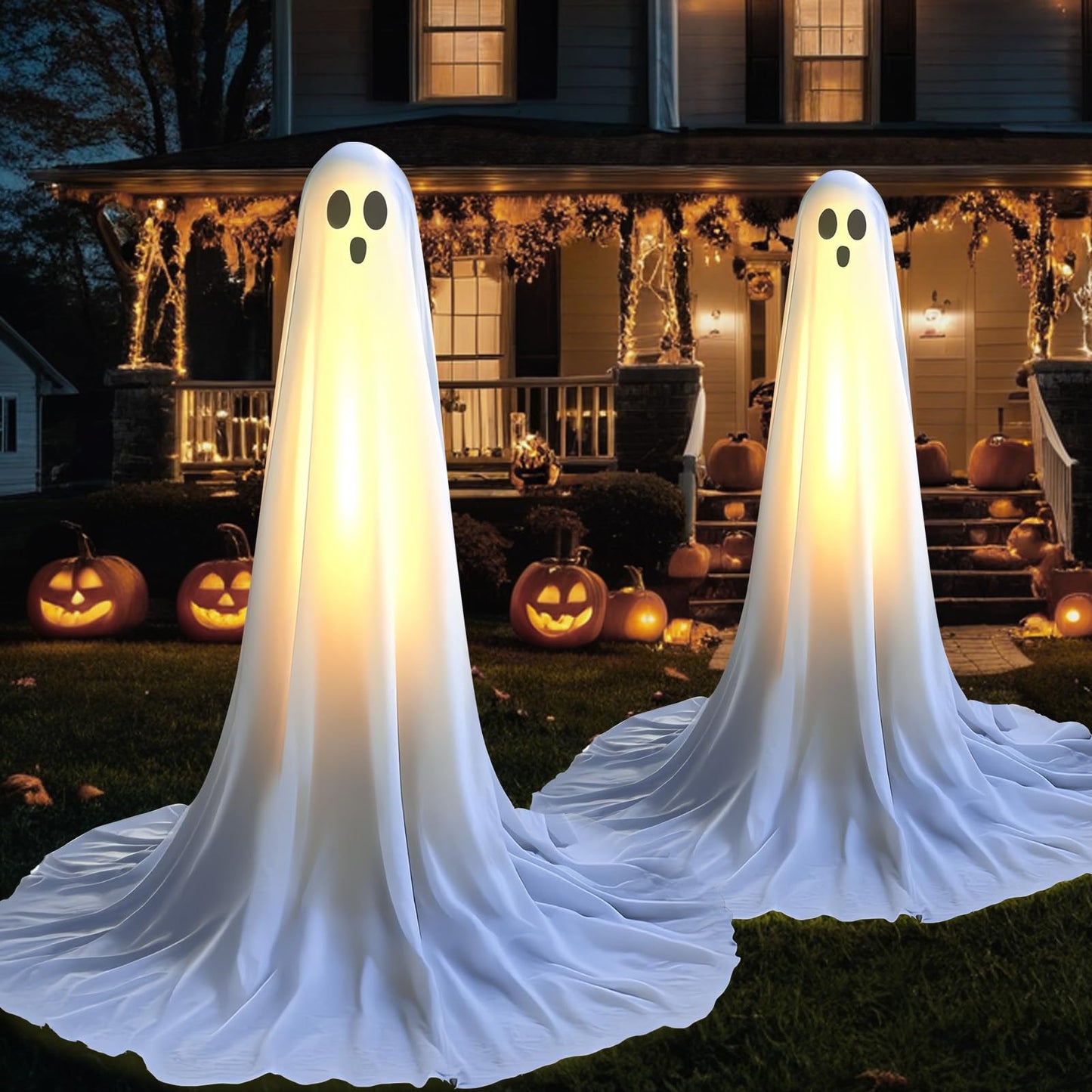 Evoio Halloween Decorations Outdoor 2 Packs 57'' Standing Ghost Adjustable Height, Light Up Spooky Halloween Decor with Built-in LED, Indoor Outside Yard Porch Lawn Party Supplies Decors