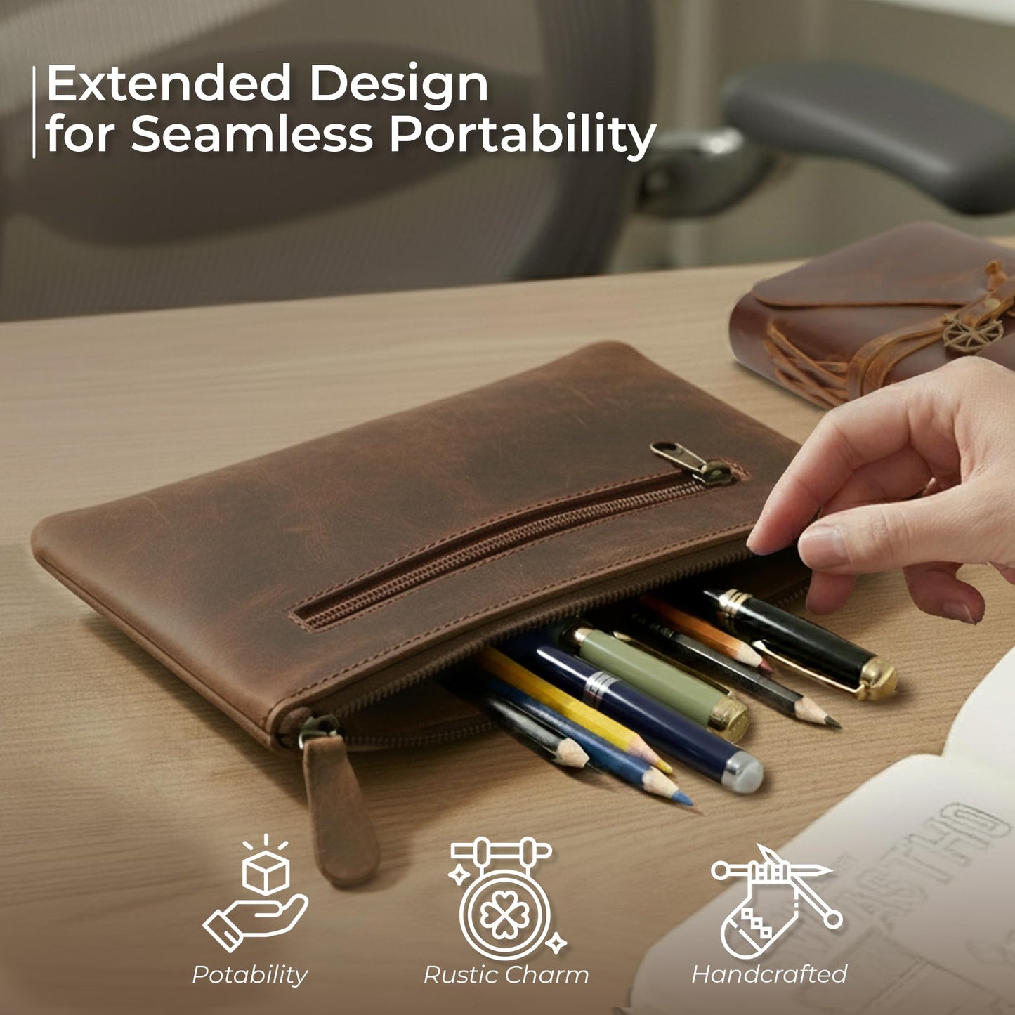 WANDERINGS Genuine Leather Pencil Pouch Case 9" x 5.25" - Hand Crafted Brown Leather Zipper Pouch - Slim Pencil Case Holder for Men and Women - Pencil Bag for Artists Students Professionals