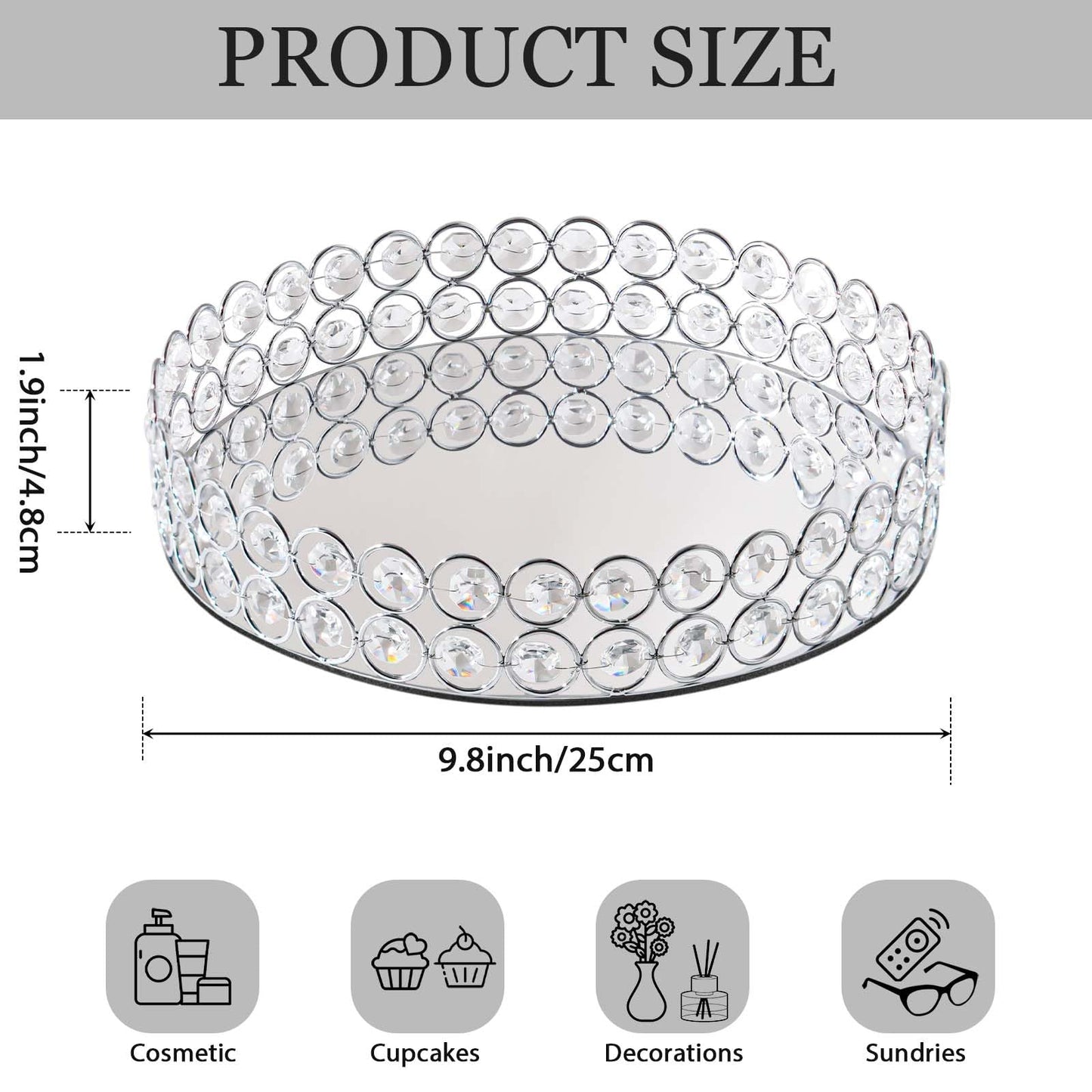 KEHAIL 2 Pcs Silver 10" Round Metal Mirror Crystal Tray – Vanity Tray for Makeup, Perfume, Jewelry & Dessert Display, Elegant Decorative Serveware, Christmas & Birthday Gift