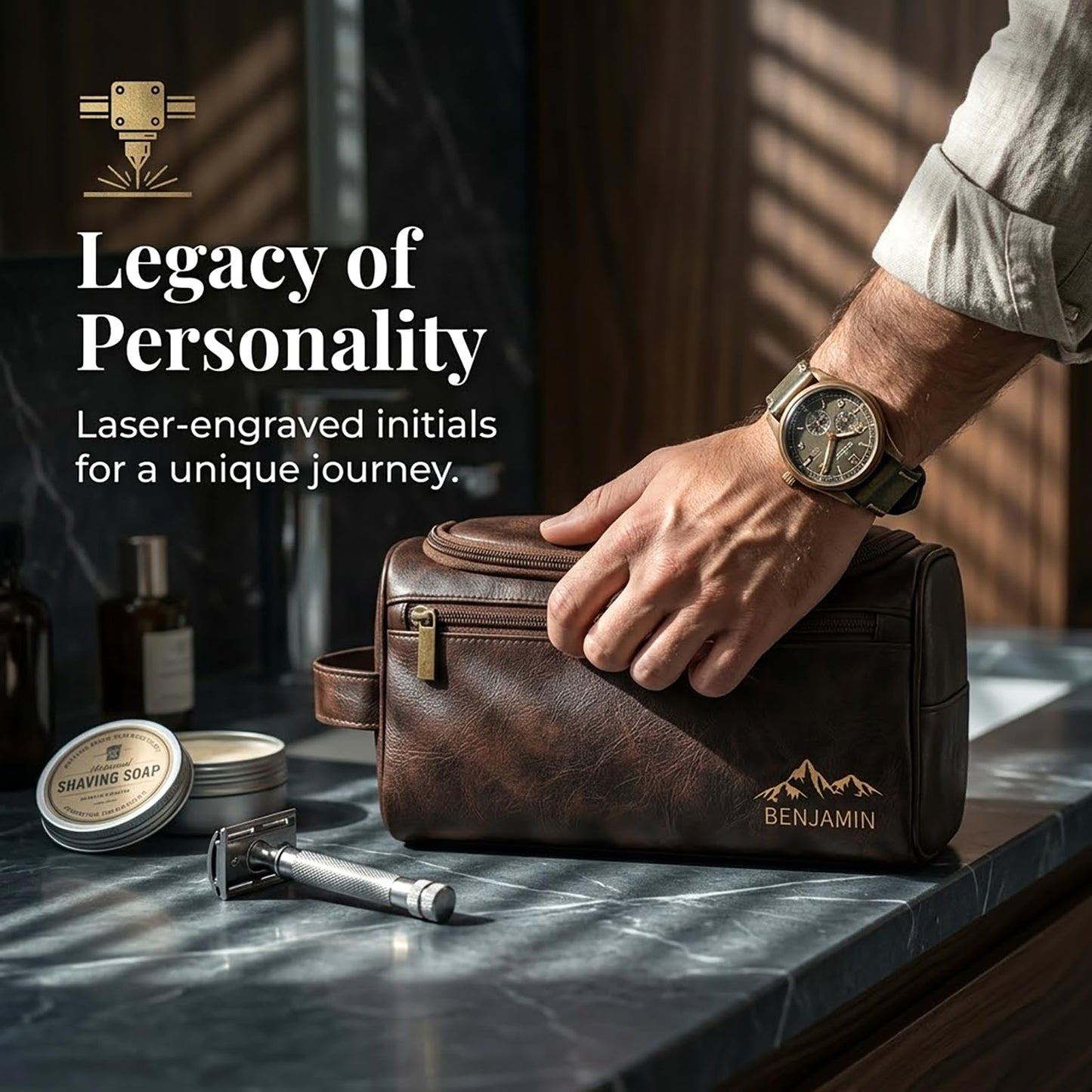 Ayperoad® Personalized Leather Toiletry Bag for Men, Custom Engraved Hanging Mens Toiletry Travel Bag, Groomsmen Gift for Dad Husband Boyfriend (Coffee)