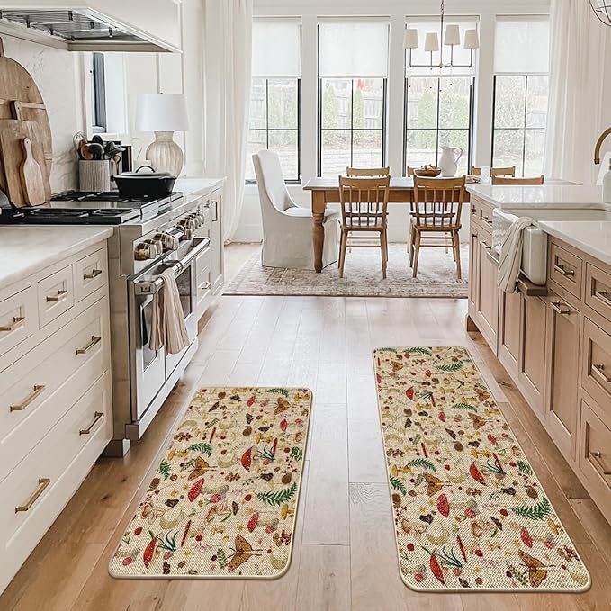 Artoid Mode Mushrooms Butterfly Spring Kitchen Mats Set of 2, Home Decor Low-Profile Kitchen Rugs for Floor - 24x35 and 24x59 Inch