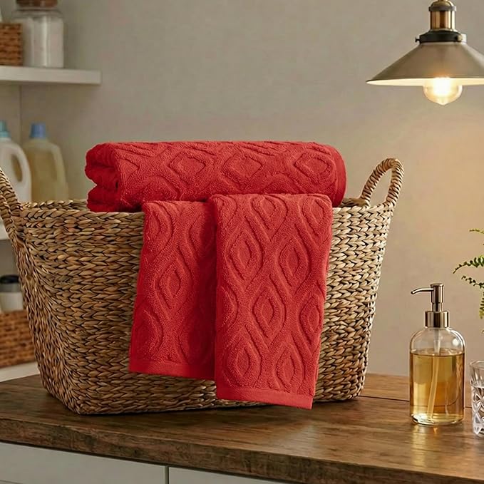 Artoid Mode 2 Pcs Red 3D Diamond Grid Jacquard Hand Towels