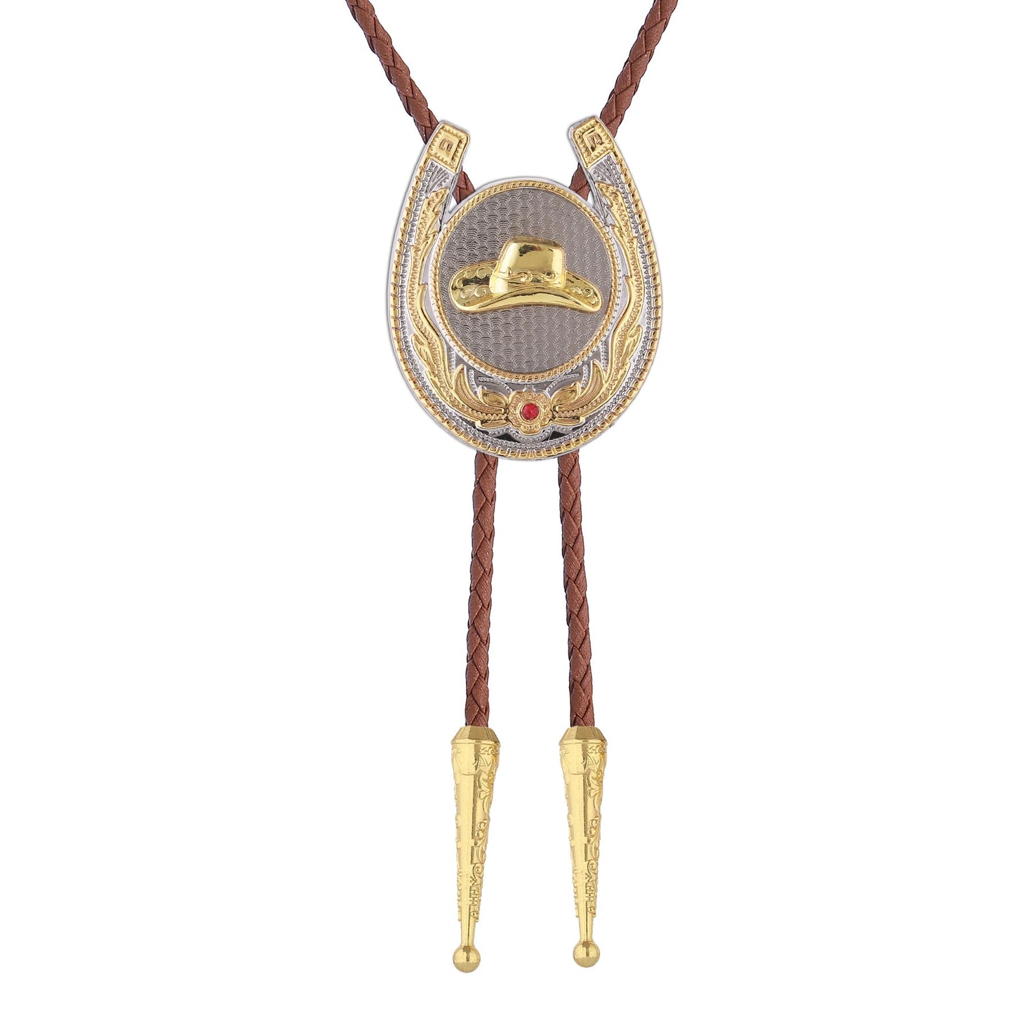 Jeilwiy Men's Bolo Ties Gold Cowboy Hat Bolo Tie 3D Design Western Leather Necktie Brown Bolo Tie for Men