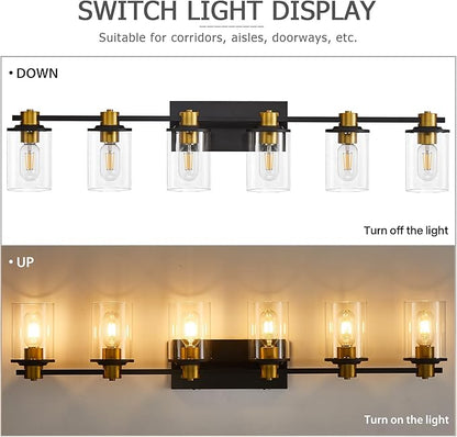 Bathroom Vanity Light, 6 Light Black and Gold Bathroom Light Fixtures, Sconces Wall Lighting with Clear Glass Shade, Modern Brushed Gold Vanity Lighting fixtures for Bathroom, Bedroom, Hallway