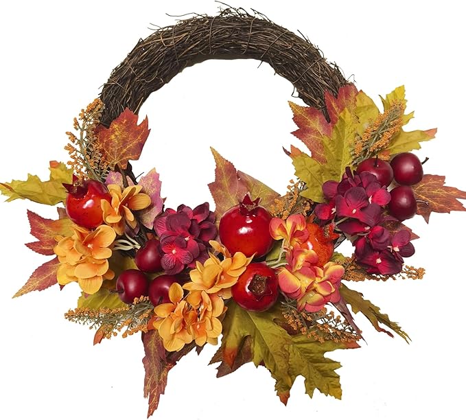 Fall Wreaths for Front Door 20 Inch Autumn Wreaths for Thanksgiving & Halloween & Harvest Festival Indoor/Outdoor Fall Decorations with Apples Pomegranates Maple Leaves