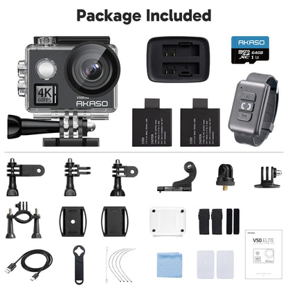 AKASO V50 Elite 4K60fps Touch Screen WiFi Action Camera Voice Control EIS 131 feet Waterproof Camera 8X Zoom Remote Control (with 64GB MicroSD Card)