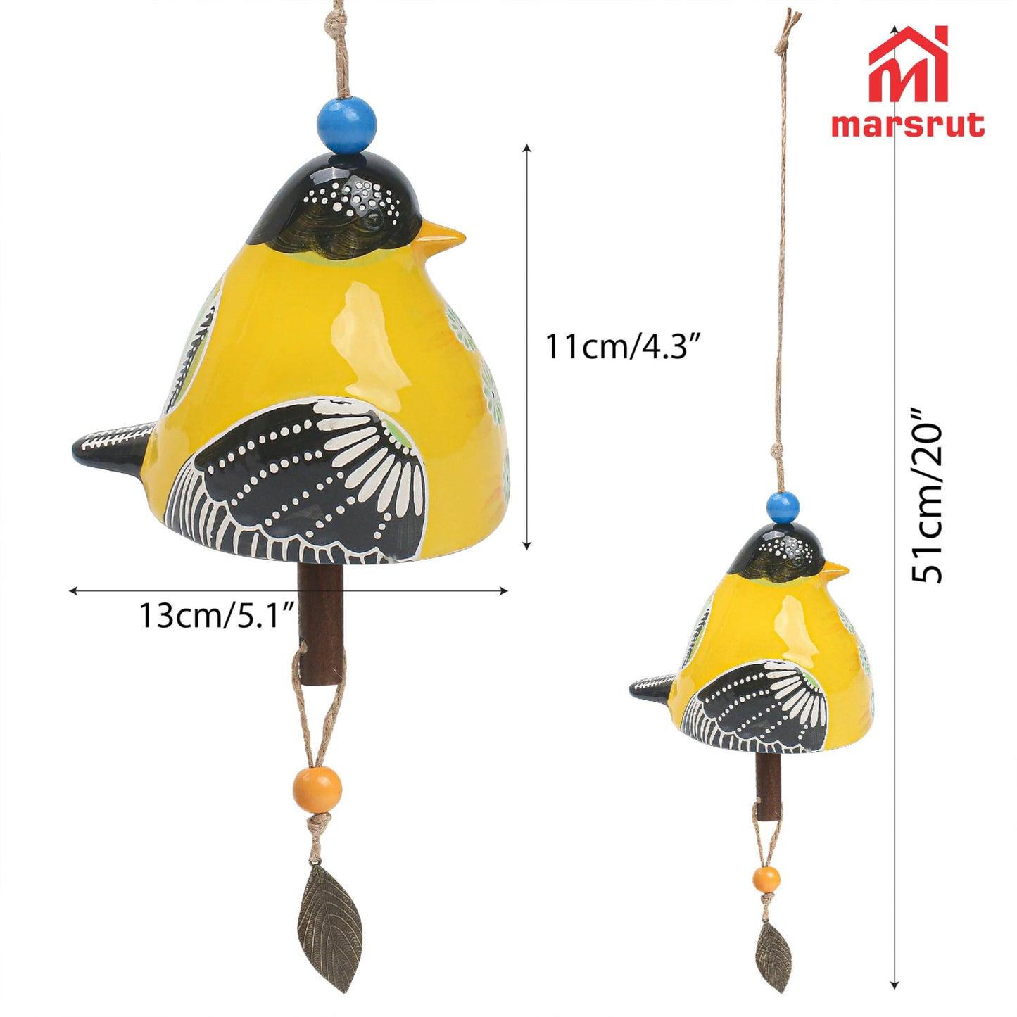 Bird Song Bell Wind Chime, Ceramic Cardinal Fashion Hanging Windchimes for Rustic Music Garden Backyard Church Decoration Porch Outside Outdoor Festival Memorial Gift Witness Friendship (Yellow)