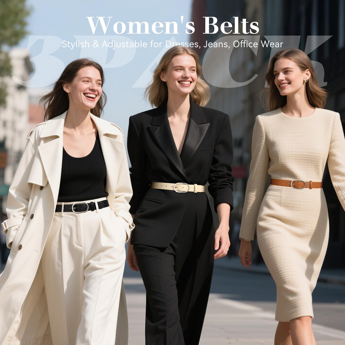 VONMELLI 3 Pack Women's Belts for Jeans Pants Fashion Silver Buckle Ladies Dress Belt Black Brown Beige M