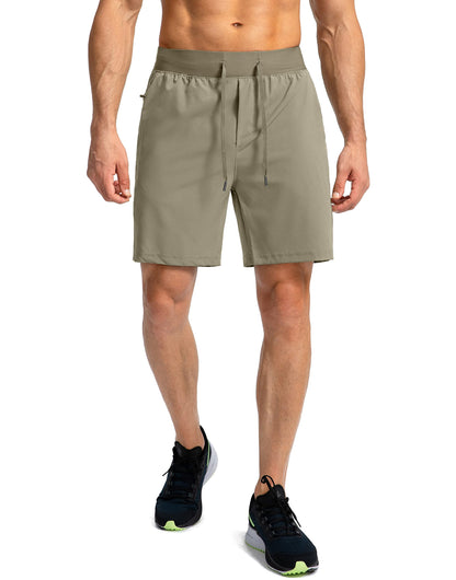 Soothfeel Men's Running Shorts with Zipper Pockets 7 Inch Lightweight Quick Dry Gym Athletic Workout Shorts for Men (Dusty Khaki, XS)