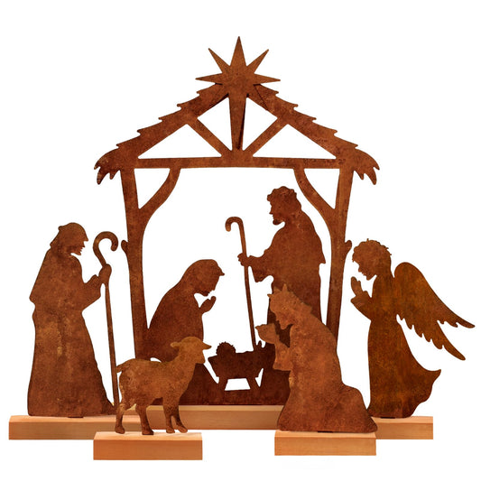 KPX Set of 5 Metal Nativity Scene Set Tabletop Decor, Rusty Steel Vintage Christmas Decoration Table Centerpieces - Farmhouse Xmas Holiday Decor for Room Fireplace Shelf (The Nativity)