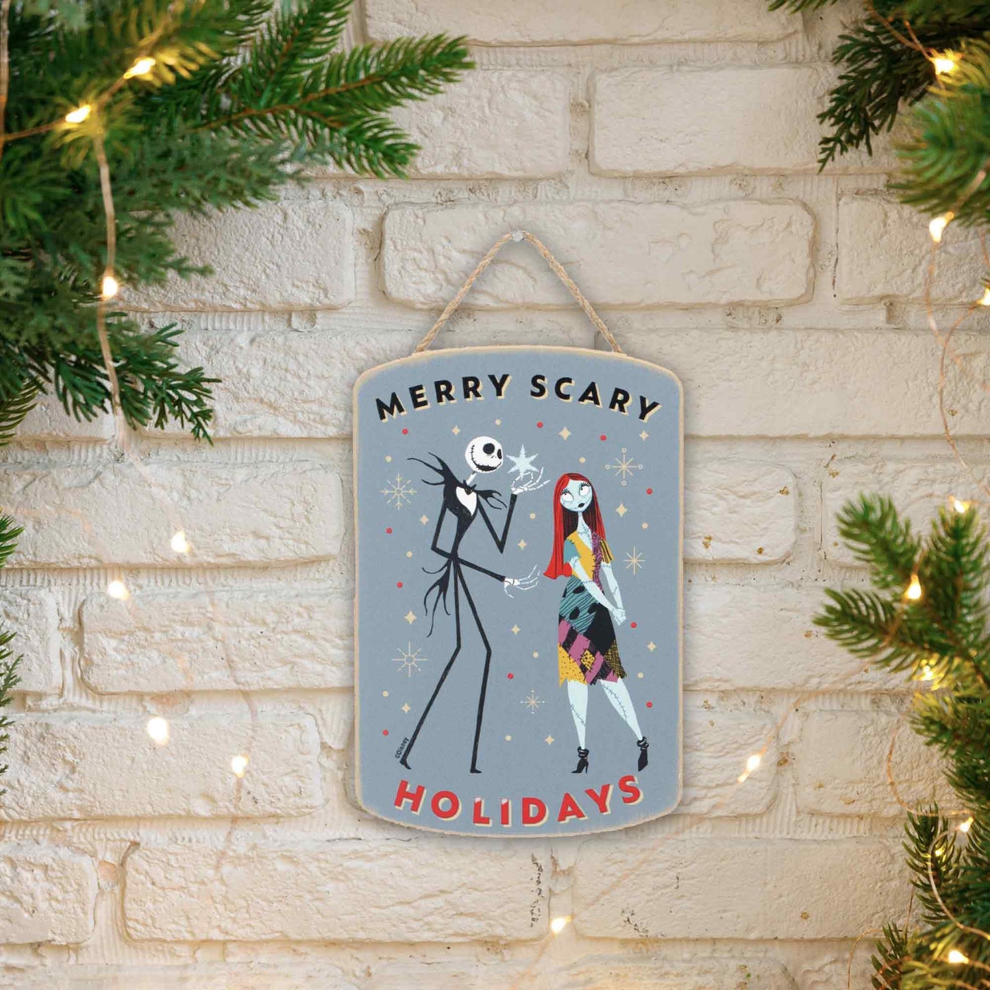 Disney The Nightmare Before Christmas Merry Scary Holidays Hanging Wood Wall Decor - Fun Jack and Sally Sign for Home Decorating