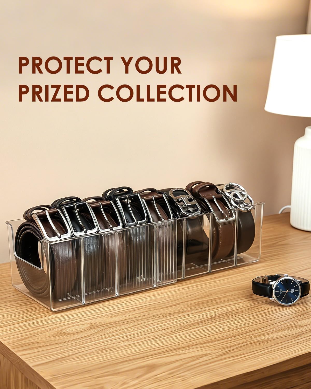 HAYVAN 2 Pack Acrylic Extendable Belt Organizer - Clear Belt Holder with Adjustable Dividers Fits Most Sizes, Storage Box for Ties, Bows, Masks, Jewelry (Space-Saving)