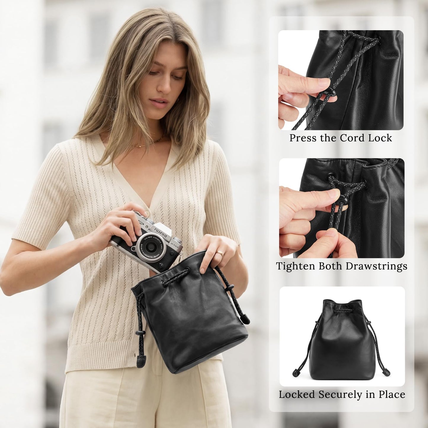 S-ZONE Genuine Leather Camera Bag Soft Camera Pouch DSLR Camera Case Handbag Drawstring Compatible with Mirrorless Cameras Canon Nikon Sony