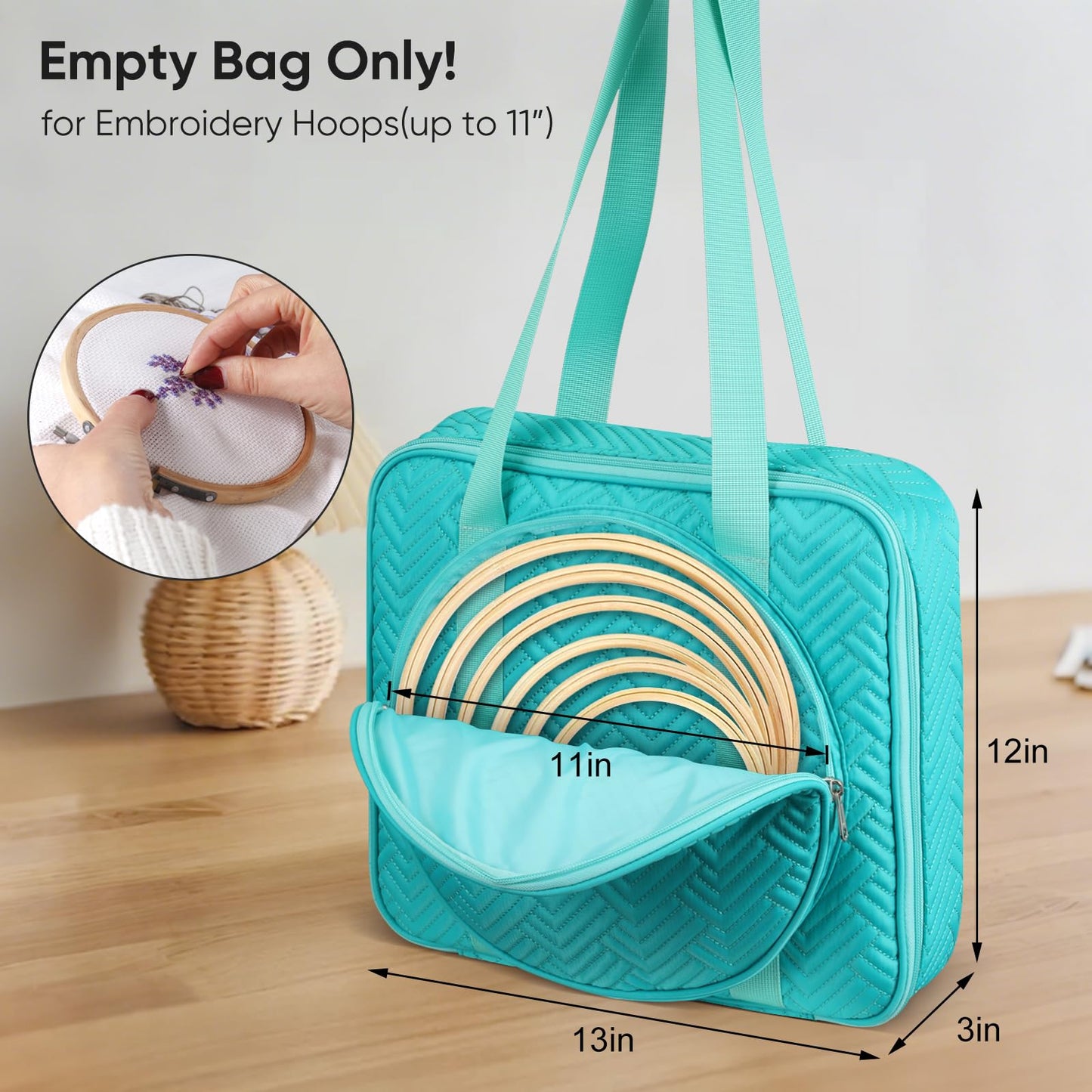 FINPAC Embroidery Bag, Cross Stitch Storage, Square Quilted Tote Organizer with Multiple Pockets for Floss, Hoops, Thread, Stitch Tools Kit [Bag Only], Teal