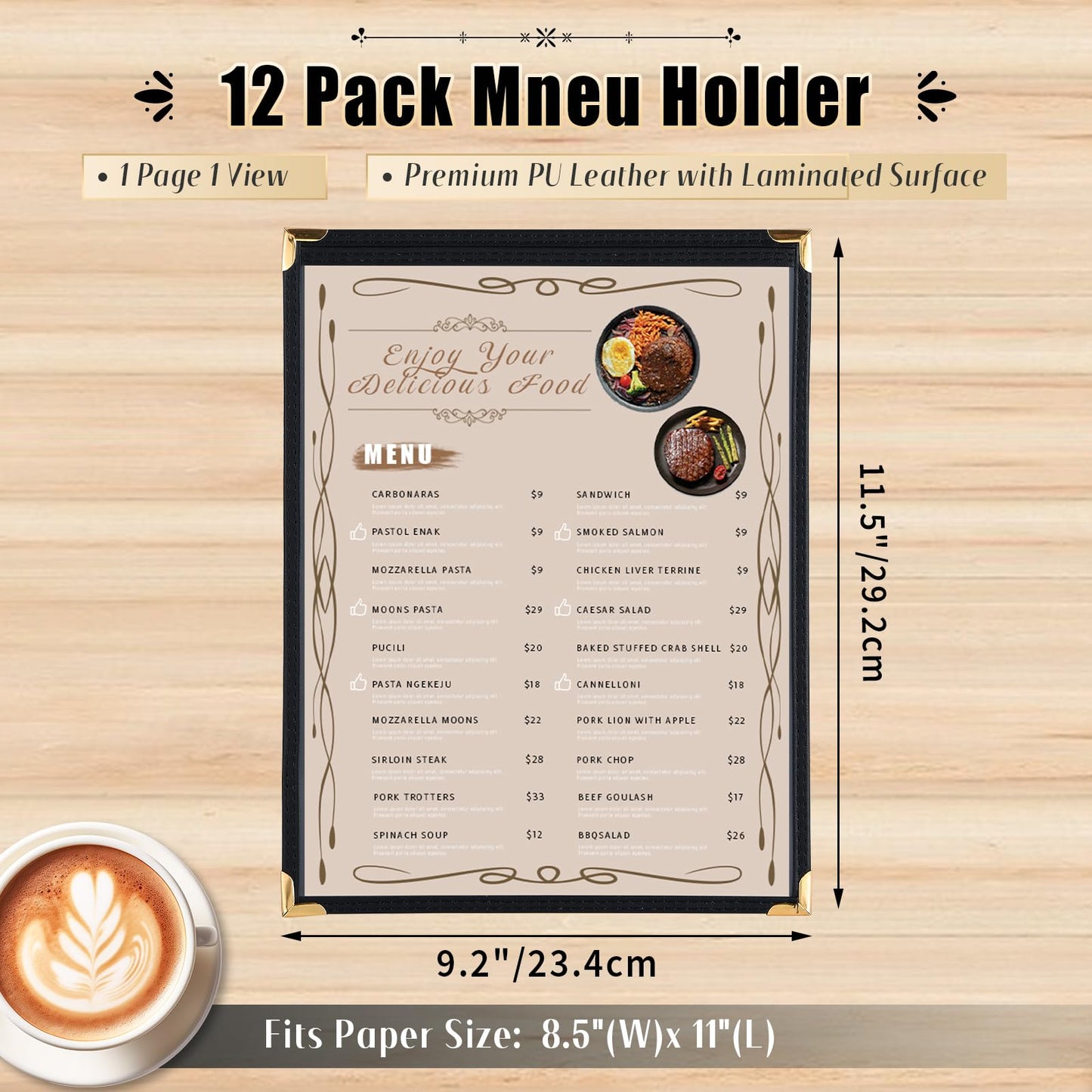 FLKQC Restaurant Menu Covers 8.5 x 11" with PVC Cover, 12 Pack Synthetic Leather Menu Holder Covers with Protective Layer, Book Style, Black, Perfect for Wine List, Laminated Menu Covers (12, 1 Page)
