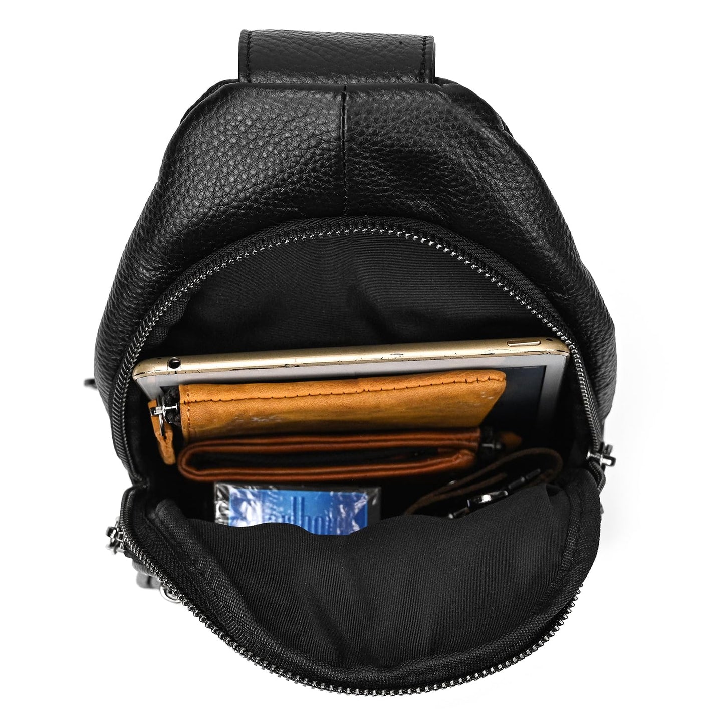 Small Leather Sling Bag Crossbody for Men Women One Strap Shoulder Cross Body Bag Sling Backpack for Travel, 9342 Black