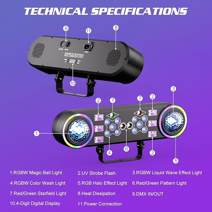 80W Dj Lights with Stand,7 in 1 Party Light Dj Disco Lights Sound Activated DMX Wireless Control with Rotating Ball,Strobe,UV,Colorful Effect for Stage KTV Band Wedding with Carry Bag (Black, 1)