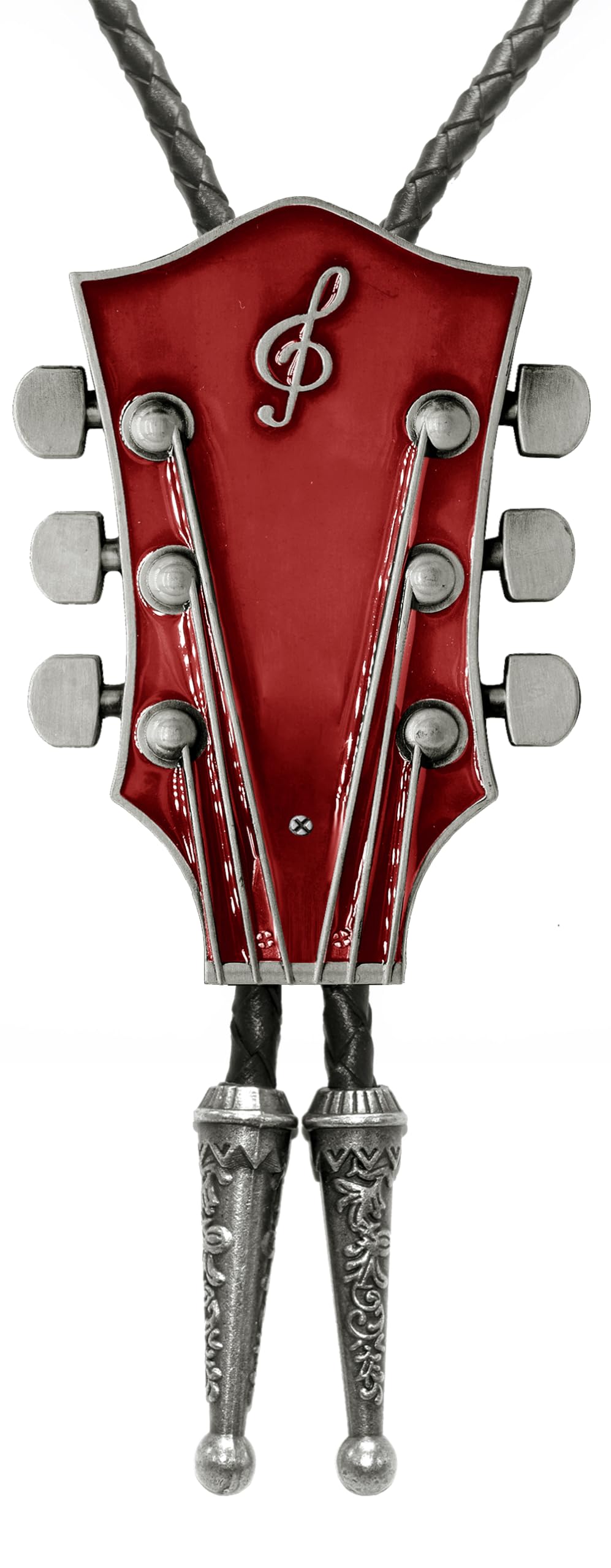 Moranse Bolo Tie With Guitar Music Lover Design Cowboy and Genuine Cowhide Rope (Red 2)