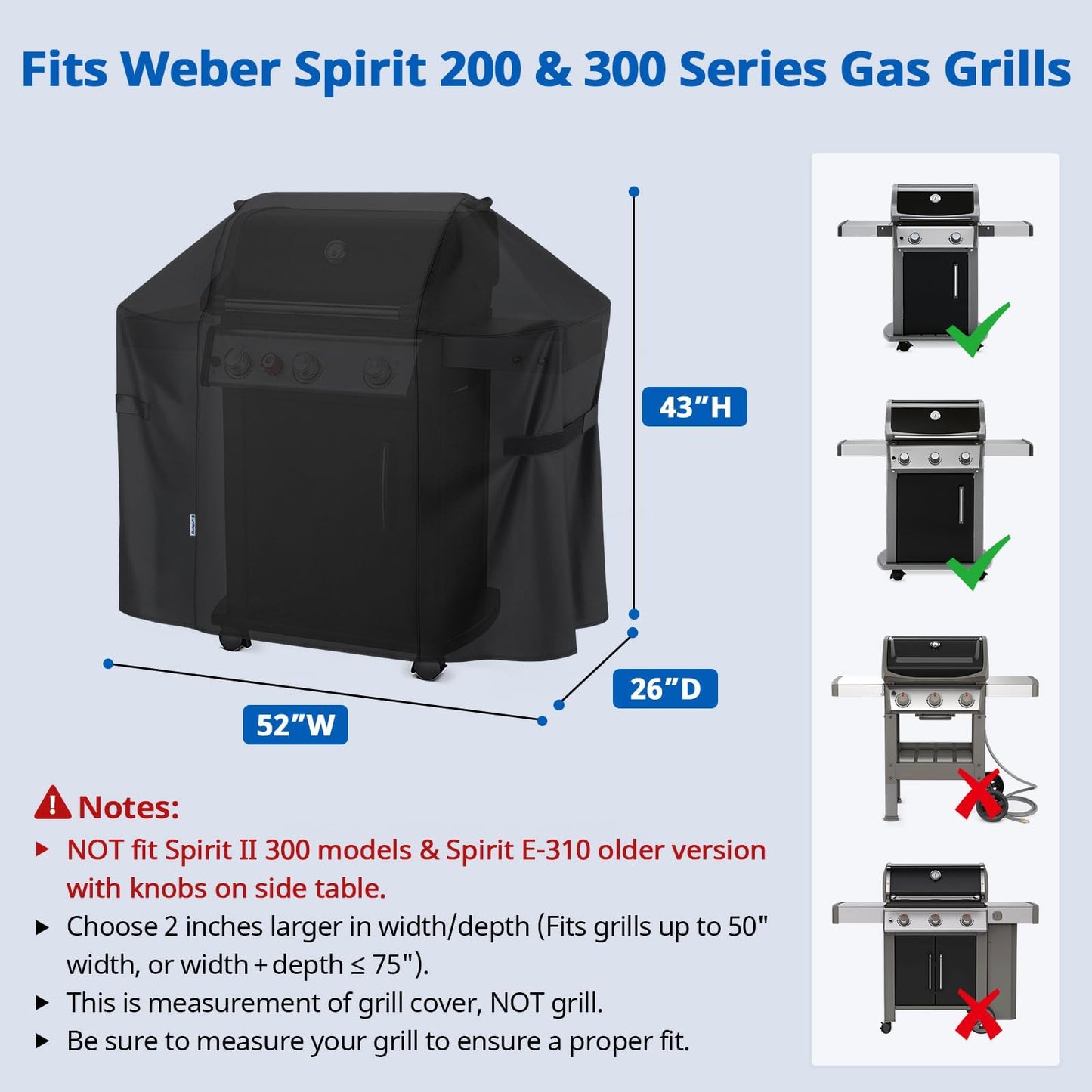 SunPatio BBQ Grill Cover 52 Inch, Outdoor Durable Waterproof Gas Barbecue Cover, Compatible for Weber Spirit 200 and 300 Series, Charbroil and Kenmore Grills, Compared to Weber 7106, 52" x 26" x 43"H