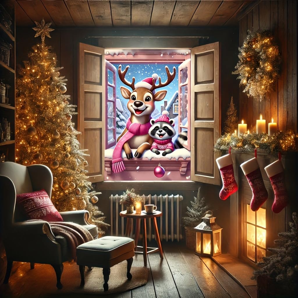 Tomhong Christmas Reindeer and Raccoon Window Banner 31x47 Inch Snowy Scene Holiday Decoration for Indoor Outdoor Home Wall or Window Display Cozy Christmas Decor