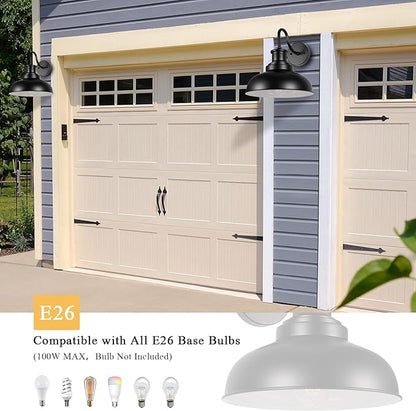 Outdoor Gooseneck Barn Light Outdoor Wall Sconce Farmhouse Exterior Wall Mount Light Vintage Outside Lighting Fixture Industrial Black White Lantern for Porch, Entryway, Garage, 1 Pack