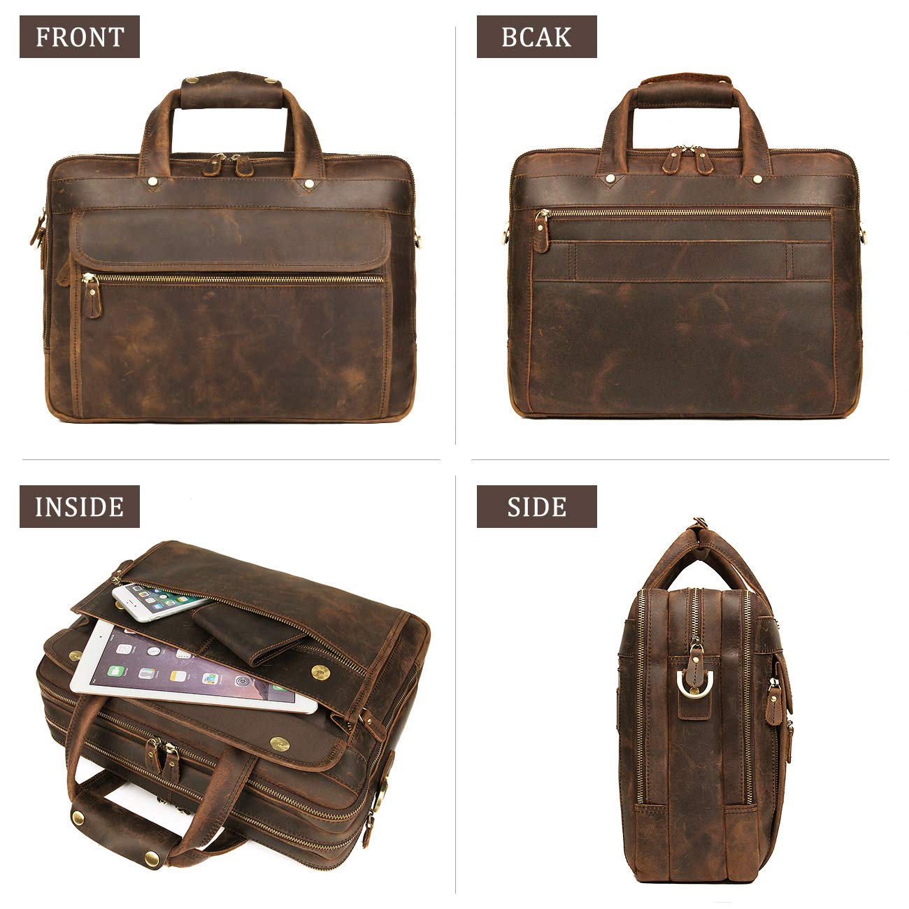 Augus Leather Briefcase for Men 15.6 Inch Laptop Bag Business Travel Large Capacity With Trolley Sleeve YKK Metal Zipper, Brown