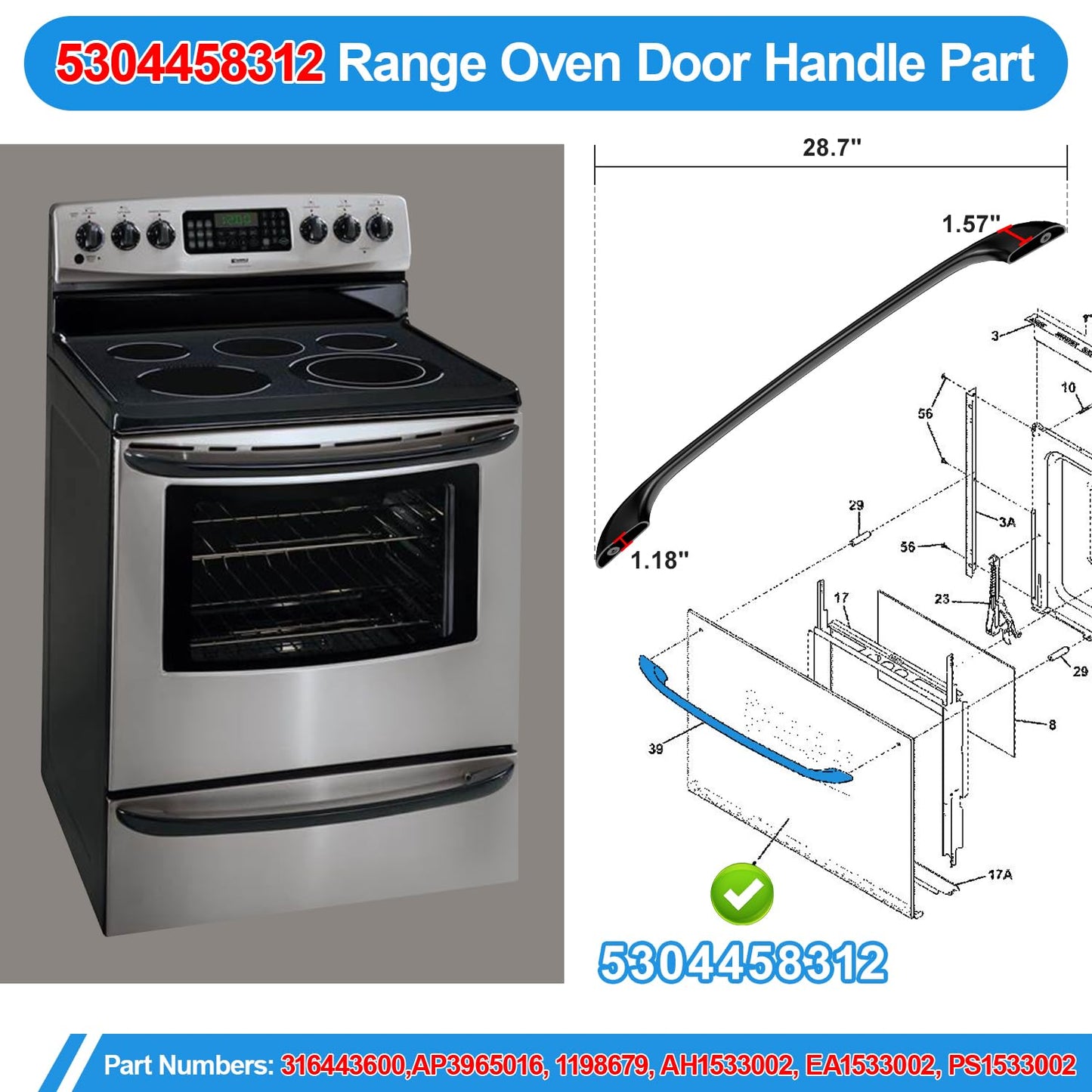 Upgraded 5304458312 Oven Door Handle Replacement Compatible with Kenmore Electrolux Frigidaire Electric Range Oven Stove Replaces 316443600 AP3965016,Include 2 Pack 316433300 Oven Door Handle Screws