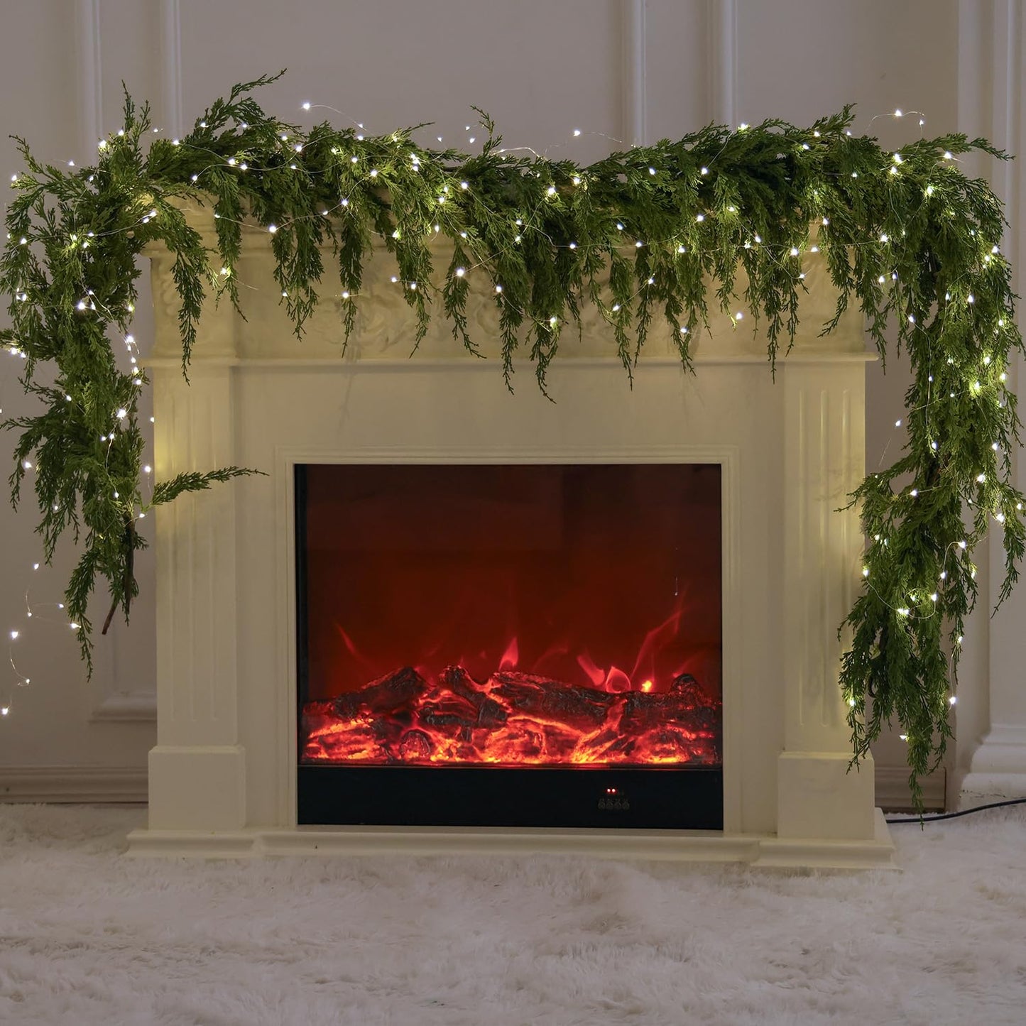 MISSPIN 9ft Christmas Garland with String Lights, Real Touch Cedar Pine Garland, Green Artificial Greenery Garland for Table, Mantle, Wall, Indoor, Outdoor Christmas Decorations