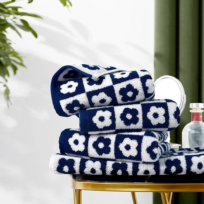 Jacquotha Cotton Hand Towels Navy Checkered Floral
