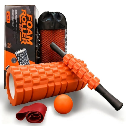 Aucuu 6 in 1 Foam Roller Set Includes Hollow Core Massage Roller, Yoga Stick, Massage Ball, Fitness Stretching Strap, Carrying Bag, Towel, Massage Roller (Orange)