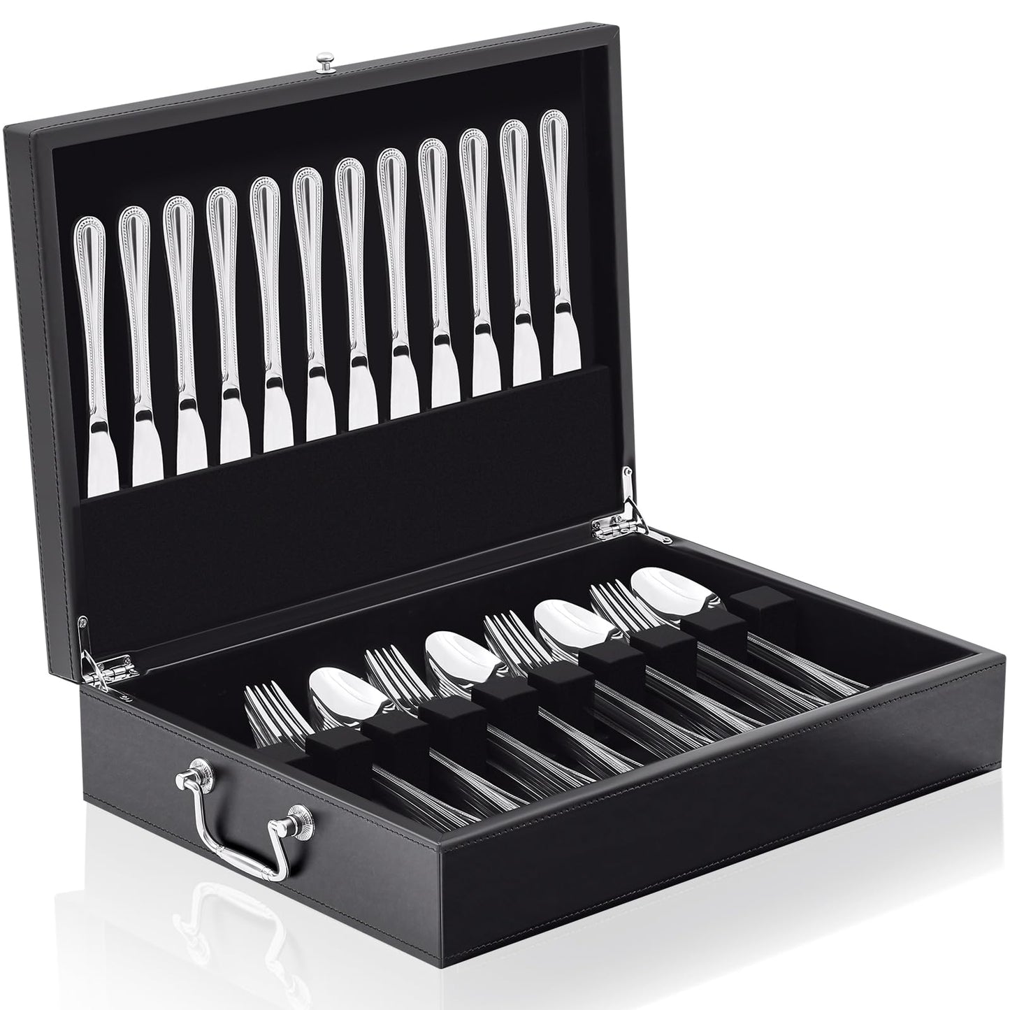 DoubleFill 1 Layer Leather Silverware Storage Box with Lid and Handles, Anti Tarnish Silverware Storage Chest Case with Felt-lined for 12 Sets of Utensils Flatware Gifts, 15.3x11.2x3.6 Inch