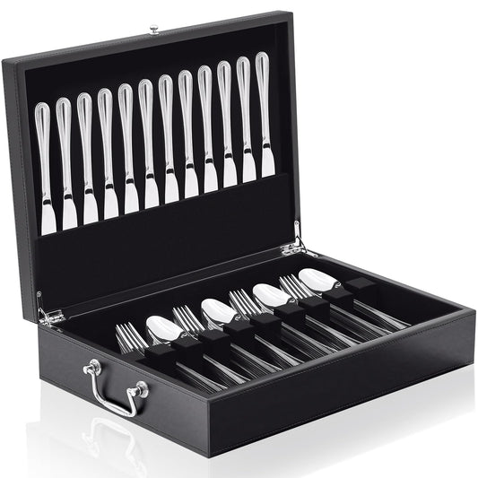 DoubleFill 1 Layer Leather Silverware Storage Box with Lid and Handles, Anti Tarnish Silverware Storage Chest Case with Felt-lined for 12 Sets of Utensils Flatware Gifts, 15.3x11.2x3.6 Inch