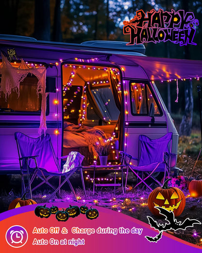 JMEXSUSS 2 Pack Solar Halloween Lights Outdoor Waterproof, Total 66FT 200 LED Orange and Purple Halloween Lights, 8 Mode Black Wire Solar Fairy String Light for Outside Yard Spooky Party Decorations
