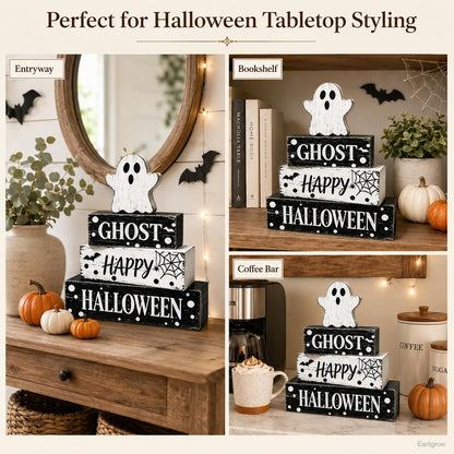 4 Pcs Ghost Halloween Decor Rustic Black and White Polka Dot Wooden Tiered Tray Block Signs Farmhouse Spooky Halloween Table Centerpiece Decor for Home Kitchen Shelf Coffee Bar