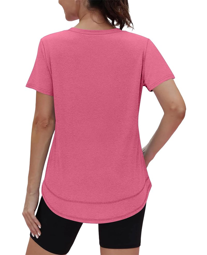 Short Sleeve Shirts for Women Workout Pilates Outfits Tennis Summer Tops 2026 Beach Vacation Clothes V Neck Red Pink M