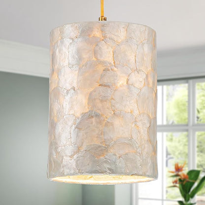 1-Lights Capiz Shell Chandelier, Coastal Design, Modern Pendant Light Fixture for Dining Room, Living Room, Kitchen Island, D7 x H18~66"(Adjustable Height), Shell Lampshade & Gold Finish Frame