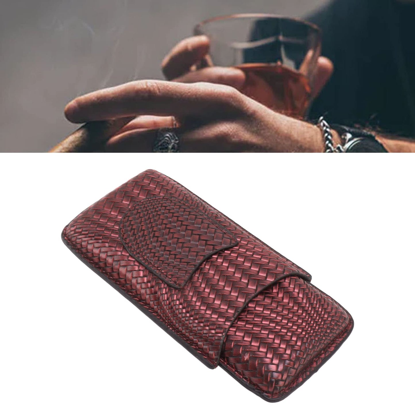Travel Leather Cigar Case, 3 Finger Cigar Case Elegant Woven Pattern Gift Giving with Front Pocket for Office for Party()