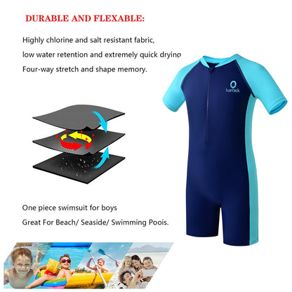 karrack Girls and Boys One Piece Rash Guard Swimsuit Kid Water Sport Short Swimsuit UPF 50+ Sun Protection Bathing Suits (Size 2-3Years) Blue