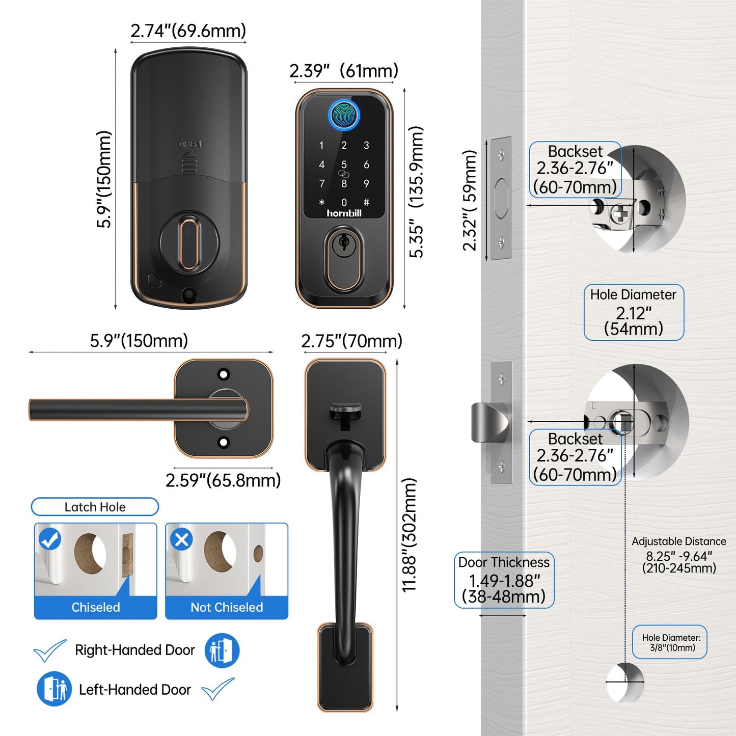 WiFi Smart Locks for Front Door: Hornbill Keyless Entry Door Lock with Handle, Fingerprint Keypad Deadbolt Front Door Lock Set, Electronic Biometric Digital Lock, App Remote Control, Oil Rubbed Bronze