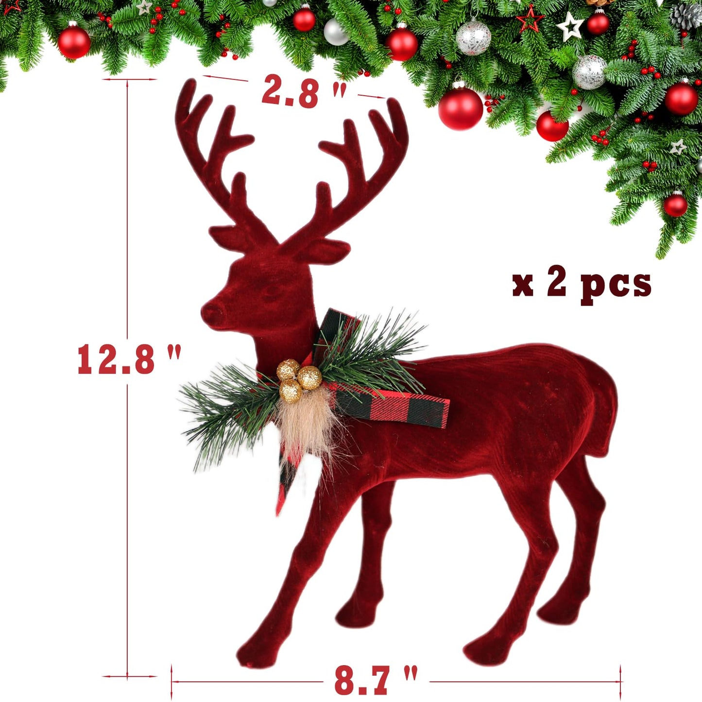 Lotus Hills 2 pcs Reindeer Christmas Decorations, Flocking Christmas Reindeer Figurines with Red Buffalo Plaid Bow, Deer décor Christmas Table Centerpieces Decorations