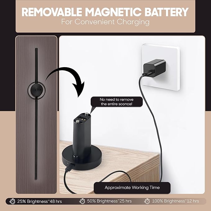 Battery Operated Wall Sconces - Set of Two, 31" in Matte Black - 6000 mAh Rechargeable Wall Sconce, 3 Color Temperatures, 350° Rotating, & Dimmable - Wireless LED Lights with Remote Control & Timer