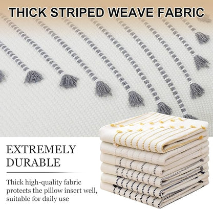 Mecatny Boho Outdoor Throw Pillow Covers 12X20 Set of 2, Farmhouse Lumbar Pillow Covers for Couch Sofa Living Room, Grey & Cream White