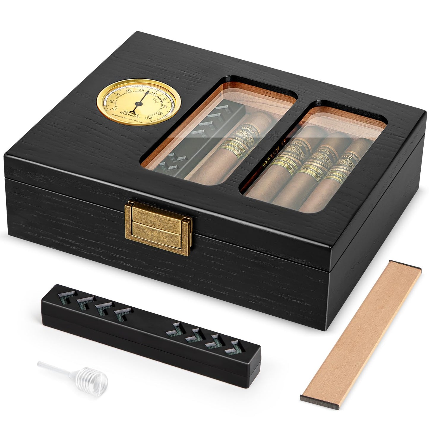 Usewire Cigar Humidor, Glass Top Cedar Cigar Case, Cigar Box for 20-30 Cigars with Hygrometer, Humidifier, Desktop Cigar Humidor, Cigar Lovers Gift (Black)