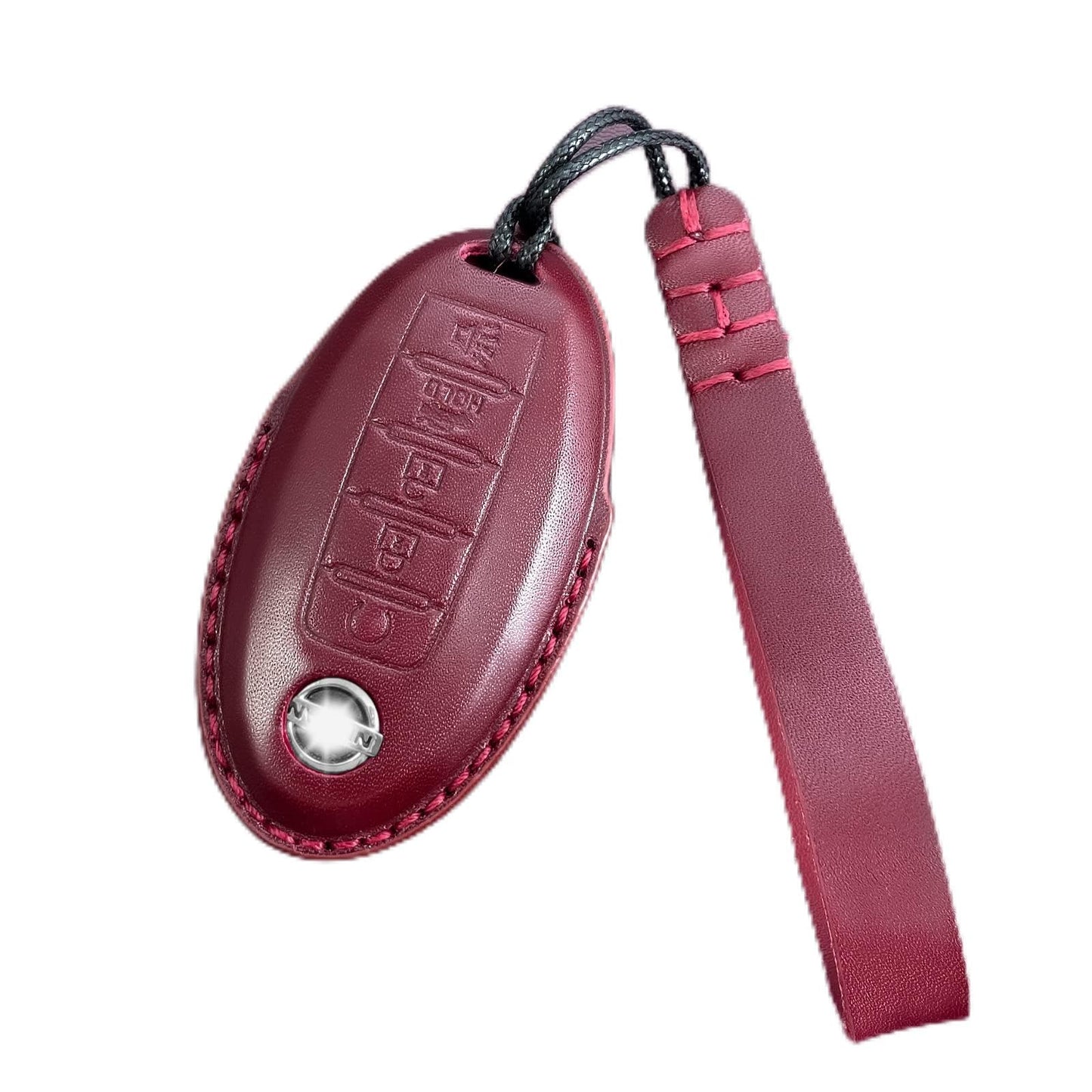 Yonmcfn Leather Car Key Fob Cover for Nissan with Keychain, Premium Leather Full Protection Key Case for Rogue Altima Sentra Maxima Armada Pathfinder Murano fit 5 Buttons Smart Remote Key(Red)