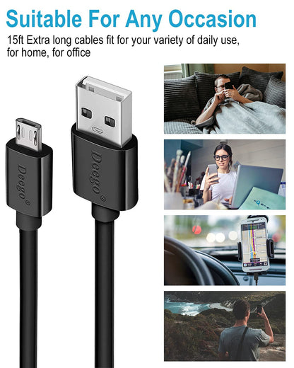 DEEGO Micro USB Cable, 15Ft Extra Long Controller Charger Compatible with PS4, PlayStation 4, Charger Cord Fast Android USB Charging Cable, Black